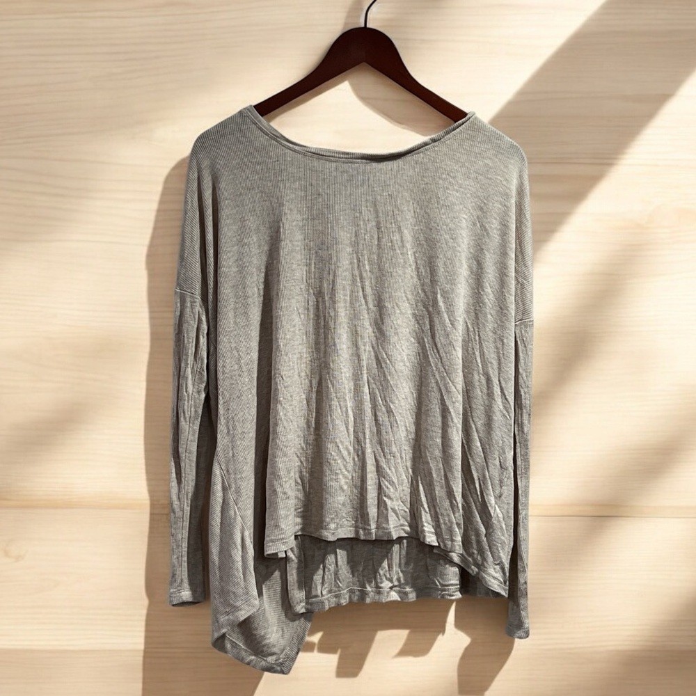 Coastal Grandma Cozy Cream Long Sleeve Ribbed Faux Wrap Asymmetrical Back Top